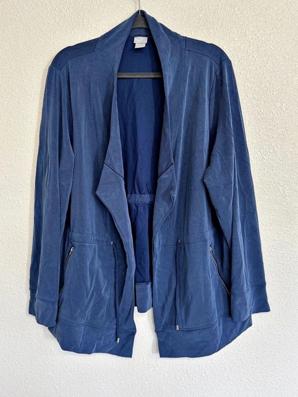 Chico's Zenergy Size 4 US XXL Sandwashed Open Front Draped Jacket Blue